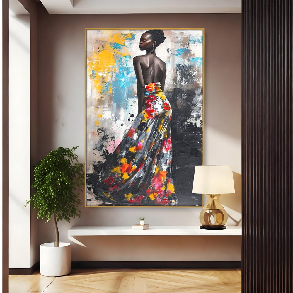 Tablou canvas cu tablou canvas cu portret de femeie, in rama de aluminiu auriu